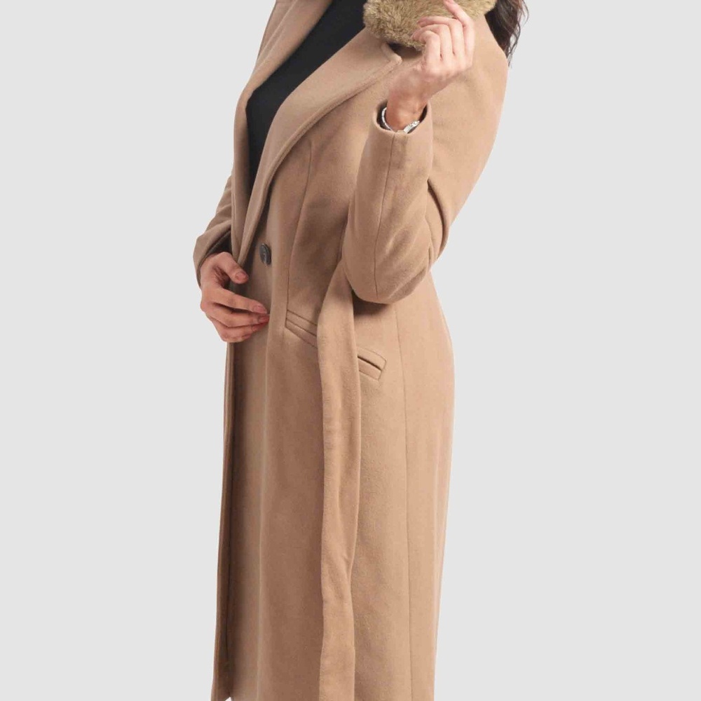 OLGYN Women’s Cashmere Wool Blend Wrap Camel Coat - Picture 2 of 5